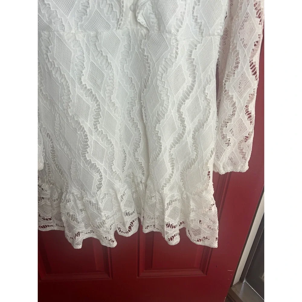 Melloday‎ Lace Mini Dress White Ruffle Long Sleeve Bridal Baby Shower Boho XL